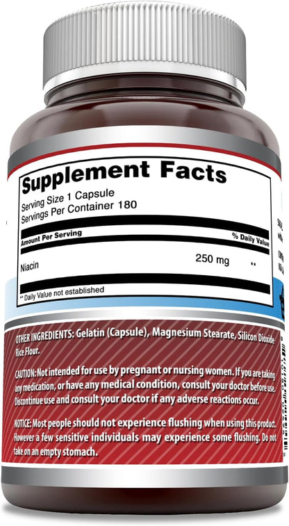 Amazing Formulas Niacin(Vitamin B3) 250 mg 180 Capsules Supplement | Non-GMO | Gluten Free | Made in USA
