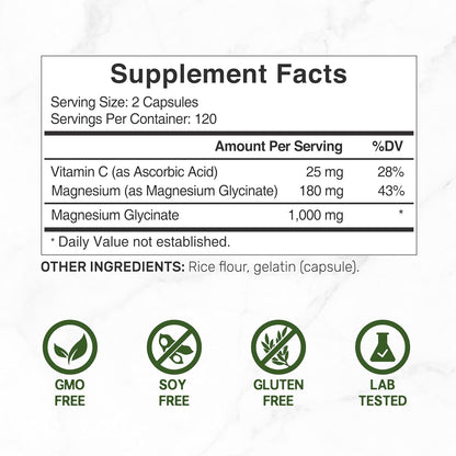 Magnesium Glycinate 500mg Per Capsule (1000mg Per Serving) Plus Vitamin C, 240 Capsules – 100% Chelated for Easy Absorption – Essential Mineral Supplement