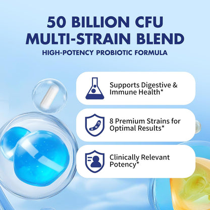 Probiotics 50 Billion CFU - 8 Unique Strains + 3 Prebiotics - Immune, Digestive & Gut Health - Supports Occasional Constipation, Diarrhea, Gas & Bloating - Probiotics for Women & Men - 30ct