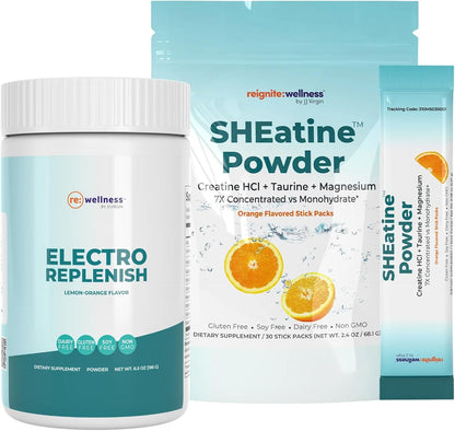 Reignite Wellness by JJ Virgin Hydration & Wellness Bundle | ElectroReplenish (Lemon-Orange Flavor), 30 Servings + SHEatine Powder Stick Packs (Orange Flavor), 30 Count