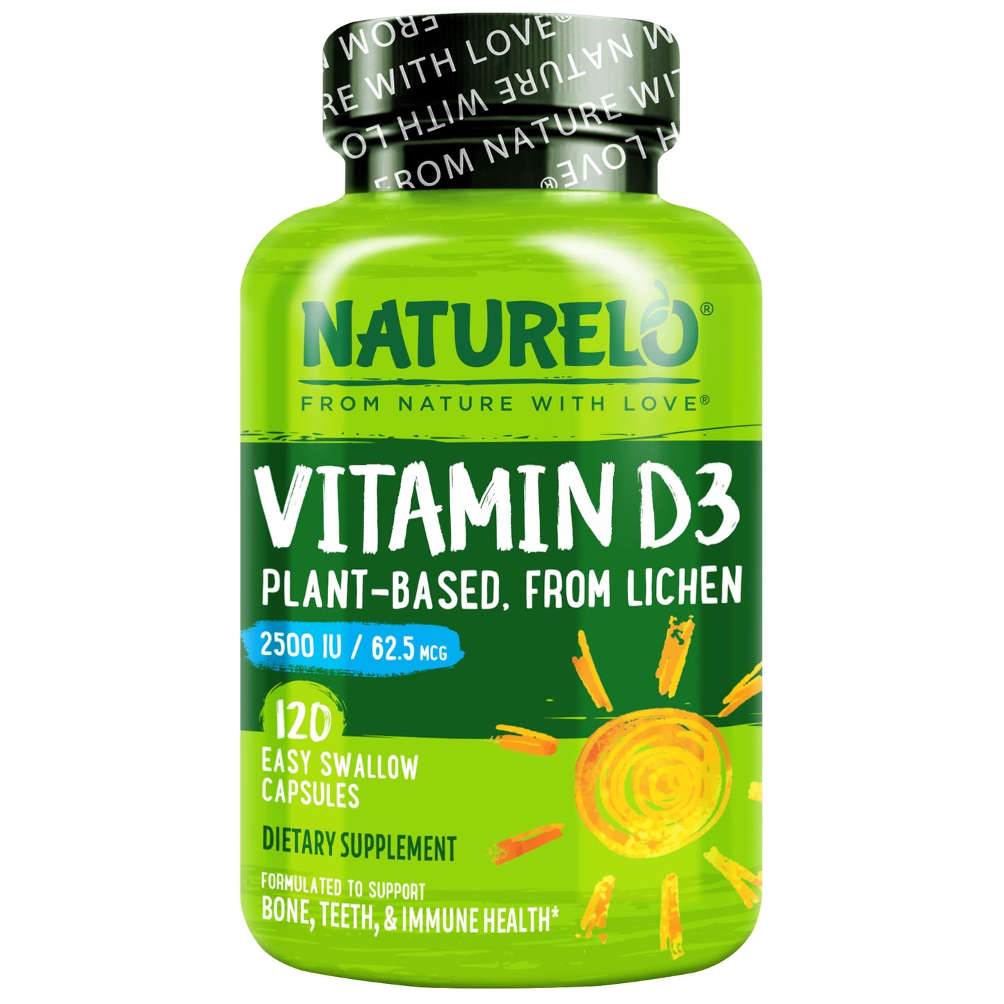 NATURELO Vitamin D - 2500 IU - Plant Based from Lichen - Natural D3 Supplement for Immune System, Bone Support, Joint Health - Vegan - Non-GMO - Gluten Free - 180 Capsules