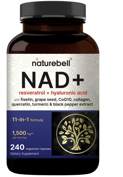 NatureBell NAD+ 11-in-1 Complex 1,500 mg** Per Serving, 240 Veggie Capsules | NMN Supplement Alternative | NAD with Resveratrol, CoQ10, Hyaluronic Acid, Fisetin, & More – Non-GMO