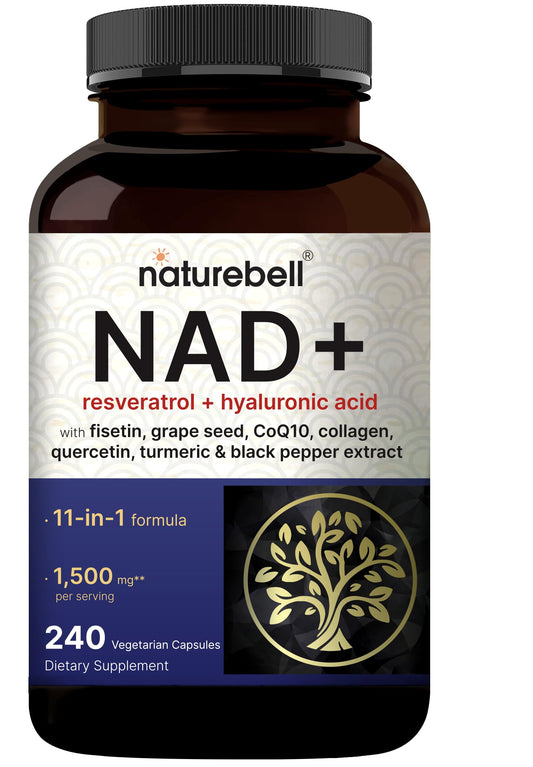 NatureBell NAD+ 11-in-1 Complex 1,500 mg** Per Serving, 240 Veggie Capsules | NMN Supplement Alternative | NAD with Resveratrol, CoQ10, Hyaluronic Acid, Fisetin, & More – Non-GMO
