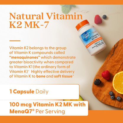 Doctor's Best Natural Vitamin K2 MK7 Supplement for Men & Women - Bone Health Support, 100 mcg Vitamin K-2 MK-7 Capsules with MenaQ7, Calcium Support, Non GMO, Vegan - 60 Veg Caps