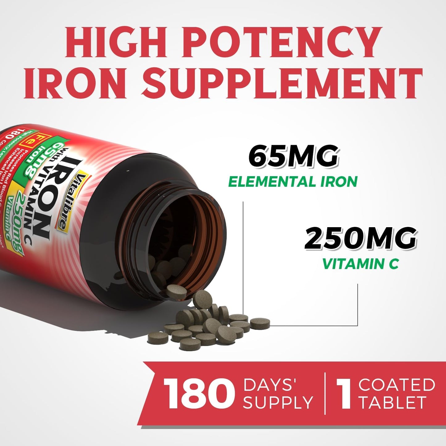Iron Supplement, 65mg Carbonyl Iron with 250mg Vitamin C, Stomach Friendly | Iron Pills for Blood Building Women & Men, High Absorption, No Nausea, No Constipation, Non-GMO, No Gluten, 60 Vegan Tabs