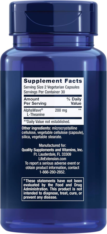 Life Extension L-Theanine, Amino Acid theanine, Calm, Relaxation, Mood, Gluten-Free, Non-GMO, Vegetarian, 200 mg, 60 Capsules | Amino Acid Theanine for Calm, Relaxation & Mood, Gluten-Free, Non-GMO & Vegetarian, 100 mg, 60 Capsules
