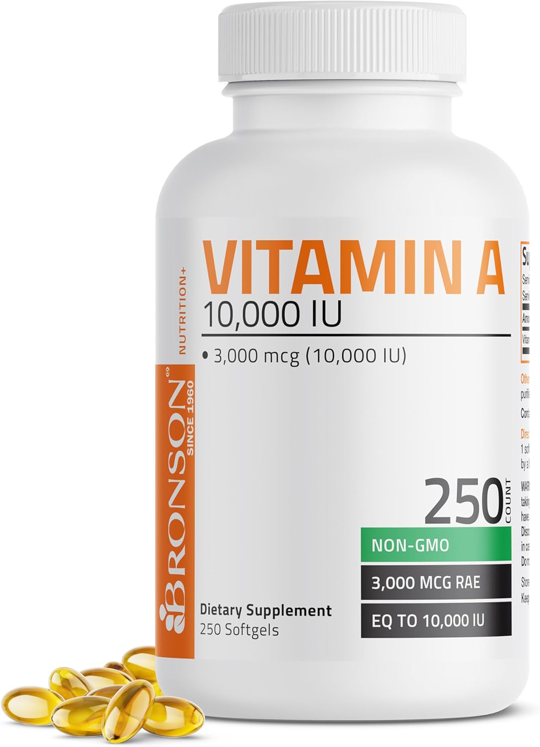 Bronson Vitamin A 10,000 IU Healthy Vision and Immune Support, 250 Softgels | Vitamin A Palmitate, Once-Daily Rapid Release, Skin, Growth & Reproduction Support, Non-GMO