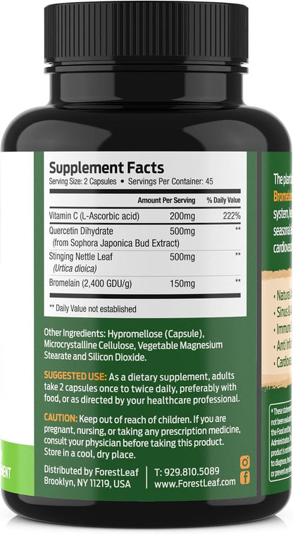 ForestLeaf Quercetin with Bromelain 1350mg - Blend with Vitamin C & Stinging Nettle Supplement, Quercetin 500mg Capsules, Non-GMO Gluten Free, Natural Function, 90 Veggie Caps
