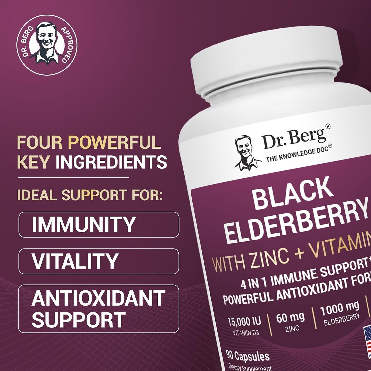 Dr. Berg Black Elderberry Capsules (Advanced Immune Support*) with 15,000 IU Vitamin D, 60 mg of Zinc, & 90 mg of Camu Camu - (4-in-1) Sambucus Elderberry Immune Support Supplement - 90 Capsules