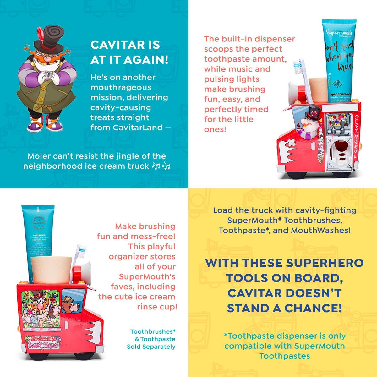 SuperMouth Kids Oral Care Bundle – Ice Cream Truck Organizer with Toothpaste Dispenser, Music & Lights + Fluoride Toothpaste with Nano Hydroxyapatite, Safe & Fun for Kids, Strawberry