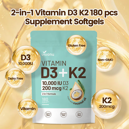VivoNu Vitamin D3 K2 10000 IU with MK7-300 Virgin Coconut Oil Softgels, 2 in 1 Vitamins D & K Complex | Vitamina D3 con K2 (300 Softgels /1 Bag)