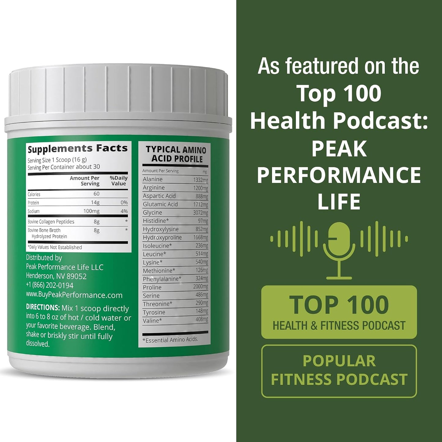 Peak Performance Hydrolyzed Bone Broth + Collagen Unflavored Protein Peptides Powder - Contains All Collagen Types: 1, 2, and 3 - Pure Pasture Raised Grass Fed, Paleo Friendly, Gluten + Dairy Free