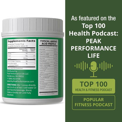 Peak Performance Hydrolyzed Bone Broth + Collagen Unflavored Protein Peptides Powder - Contains All Collagen Types: 1, 2, and 3 - Pure Pasture Raised Grass Fed, Paleo Friendly, Gluten + Dairy Free