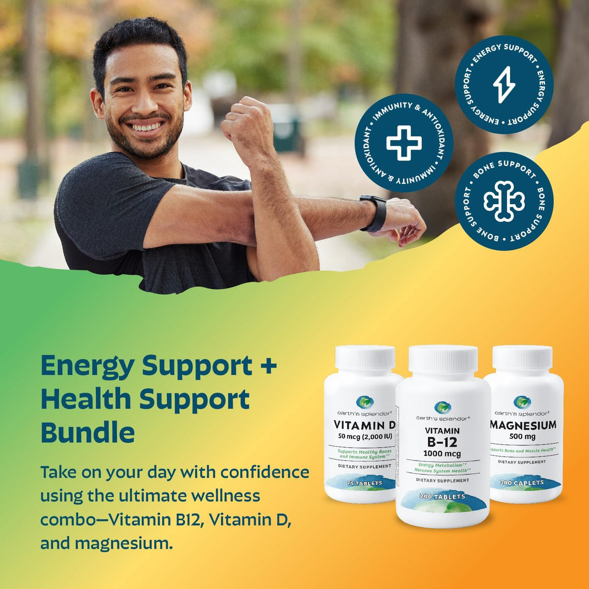 Earth's Splendor Energy & Health: Vitamin B12 (200 Tablets), Magnesium for Bone & Muscle Support (100 Caplets), Vitamin D3 2,000 IU (75 Capsules) – No Artificial Additives, Gluten & Wheat Free