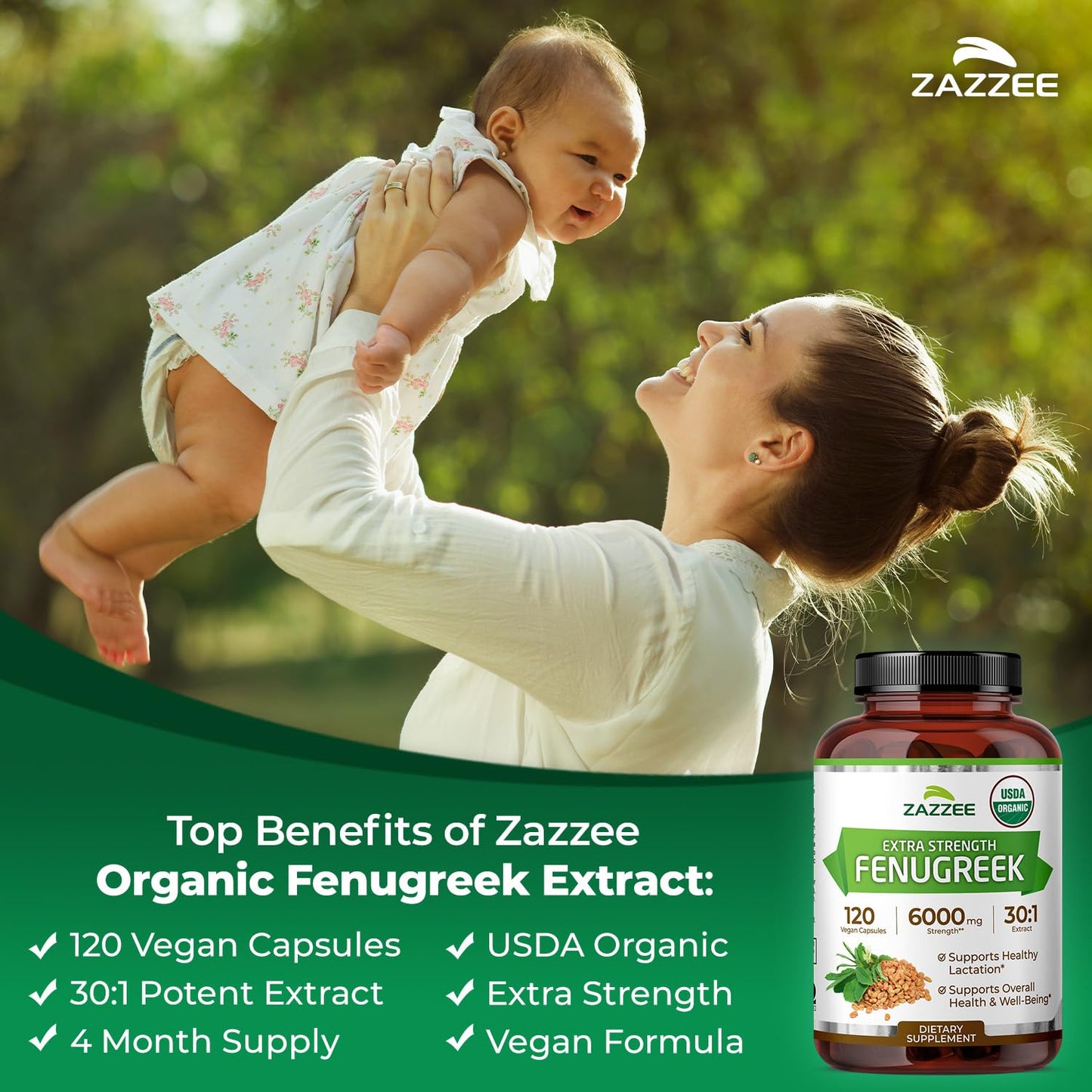 Zazzee USDA Organic Fenugreek 30:1 Extract, 120 Vegan Capsules, 4 Month Supply, Breastfeeding & Lactation Support for Nursing Mothers, Organic Herbal Supplement, All-Natural, Non-GMO, Made in the USA