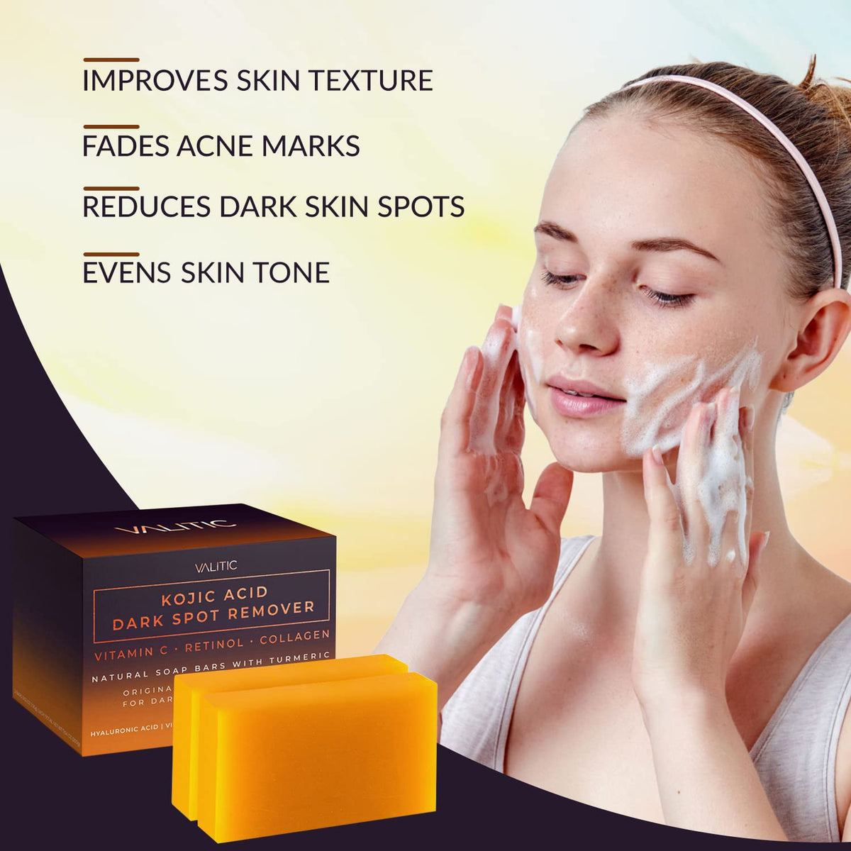 VALITIC Kojic Acid Dark Spot Remover Soap Bar with Vitamin C,Retinol,Collagen,Turmeric