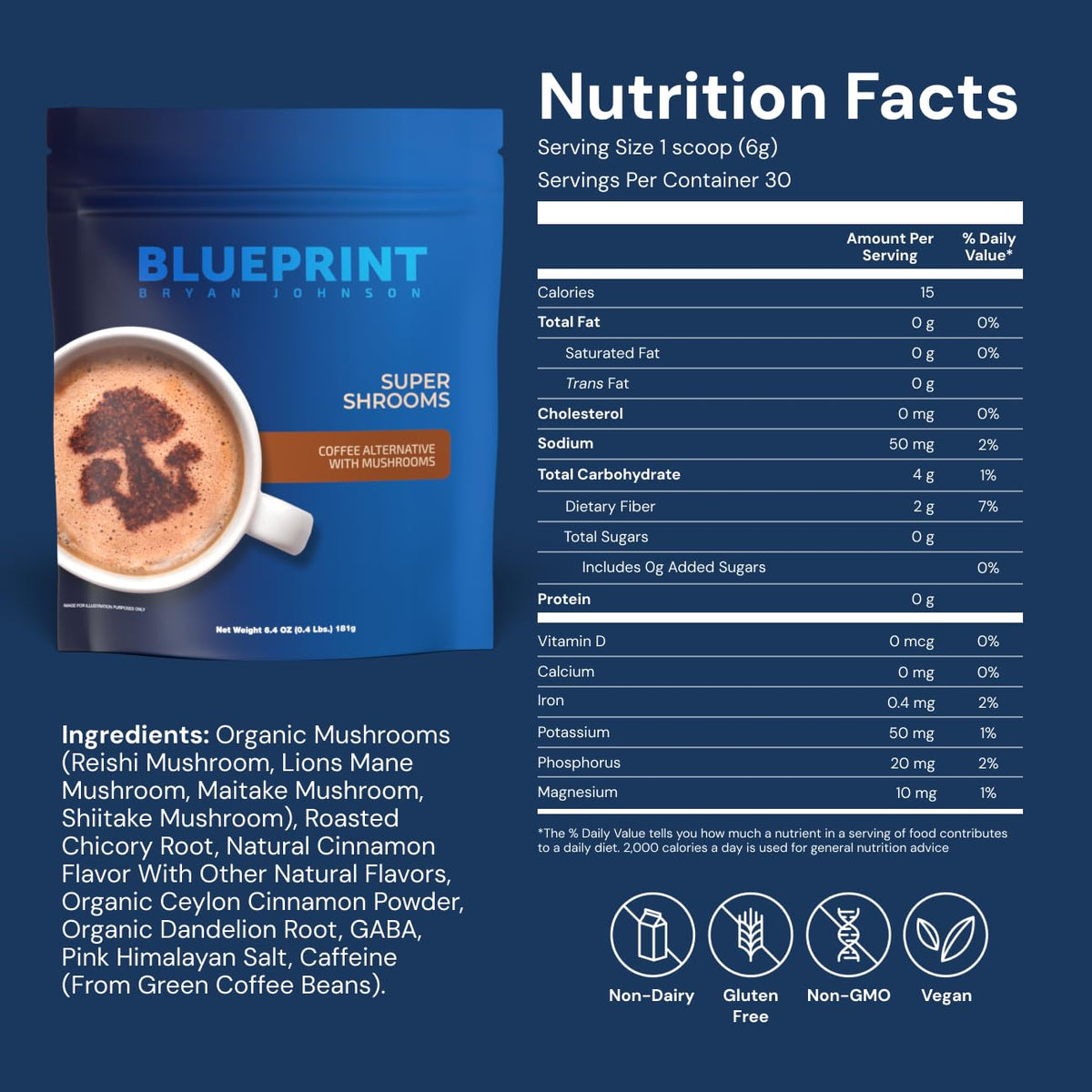 Blueprint Bryan Johnson Super Shroom Coffee – Mushroom Coffee with Lion’s Mane, Reishi & GABA – 70mg Caffeine – Focus & Energy Coffee – Adaptogenic Coffee Alternative – 30 Servings