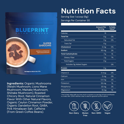 Blueprint Bryan Johnson Super Shroom Coffee – Mushroom Coffee with Lion’s Mane, Reishi & GABA – 70mg Caffeine – Focus & Energy Coffee – Adaptogenic Coffee Alternative – 30 Servings