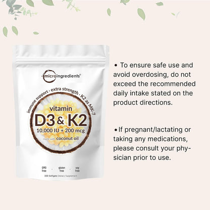 Micro Ingredients Vitamin D3 10,000 IU + K2 MK-7 200 mcg, 300 Softgels with Virgin Coconut Oil | 2-in-1 Vitamins D & K Complex | Extra Strength, Easy to Swallow, Non-GMO, Gluten Free