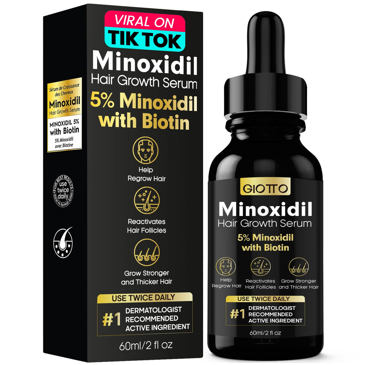 GIOTTO 5% Minoxidil Hair growth Serum for Men and Women - Infused with Biotin