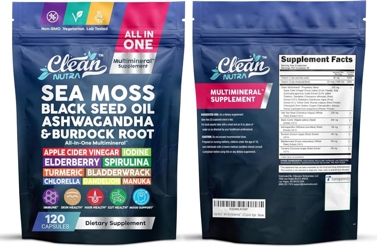 Clean Nutraceuticals Sea Moss Black Seed Oil Ashwagandha Turmeric Bladderwrack Burdock & Vitamin C Vitamin D3 with Elderberry Manuka Dandelion Yellow Dock Iodine Chlorophyll ACV