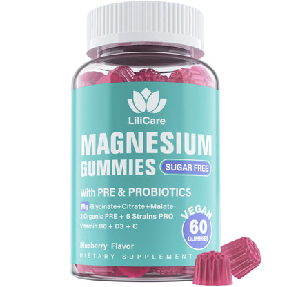 Magnesium Complex Gummies 400 mg for Women Men with Prebiotics and Probiotics, Triple Calm Magnesium Glycinate Malate Citrate Gummy Supplement for Relaxation & Digestive Health-Sugar Free, Vegan 120ct
