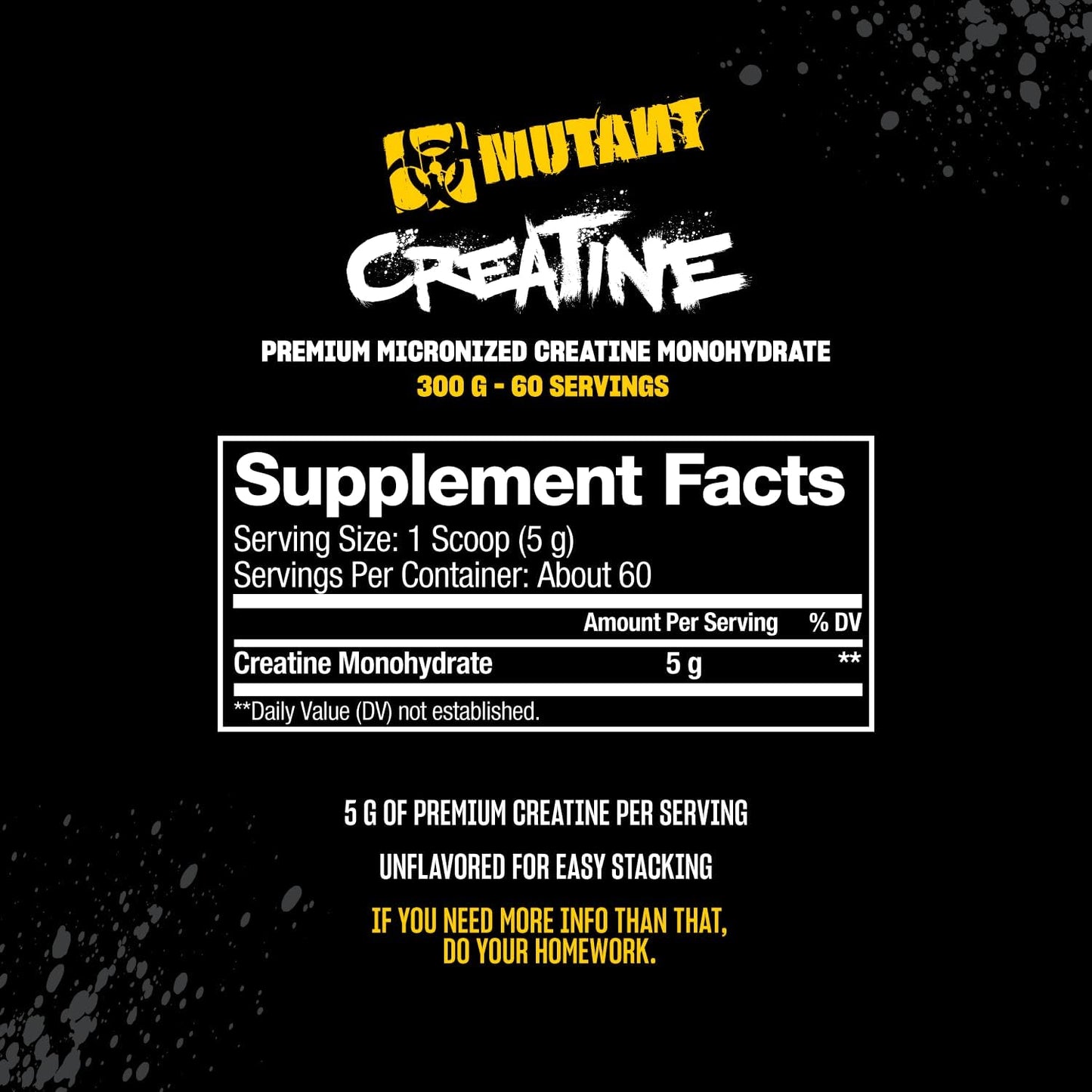 Mutant Creatine - Creatine Monohydrate Micronized Powder - Creatine Powder Supplement for Enhanced high-Intensity Performance - 60 Servings- 300 g - Unflavored