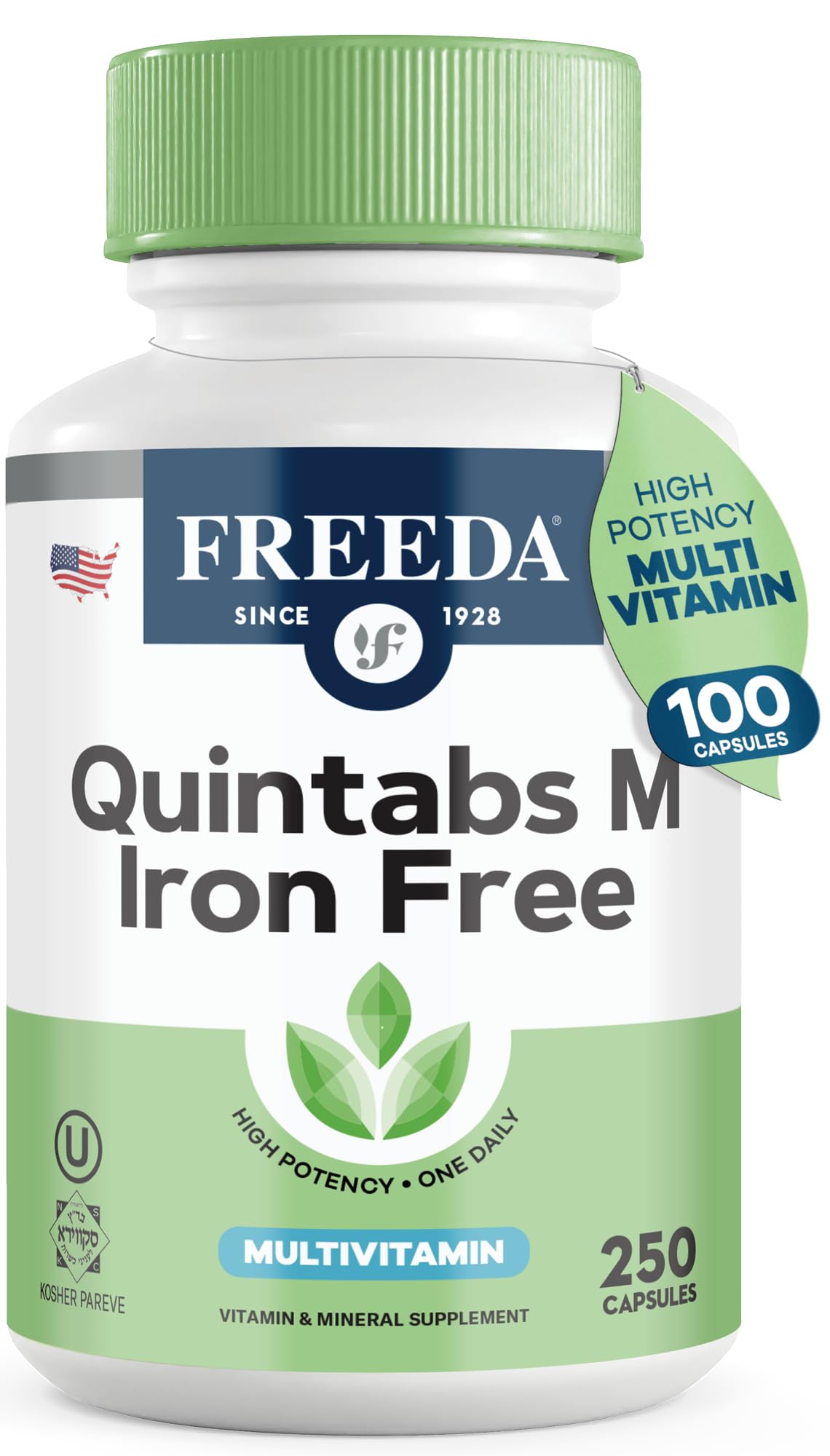 FREEDA One Daily Multivitamin Without Iron - Quintabs-M - 100 Capsules | Iron-Free Multivitamin - Supporting Balanced Nutrition & GLP-1 Health for Men & Women - Complete Daily Vitamins
