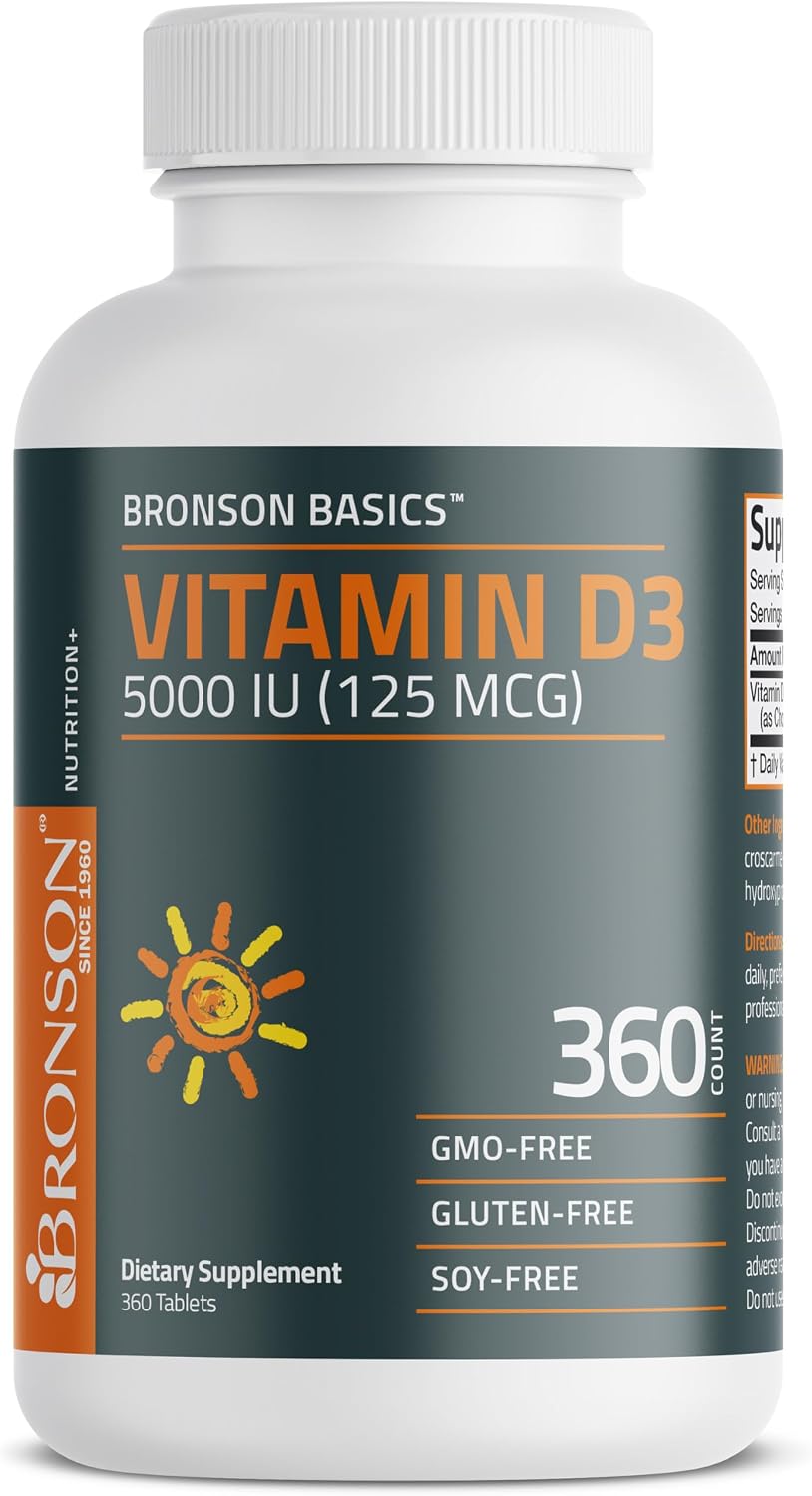 Bronson Vitamin D3 5000iu (125mcg) Non-GMO Gluten-Free Soy-Free 360 Tablets | Immune, Bone, Joint, Breast, Heart, and Colon Health Supplement