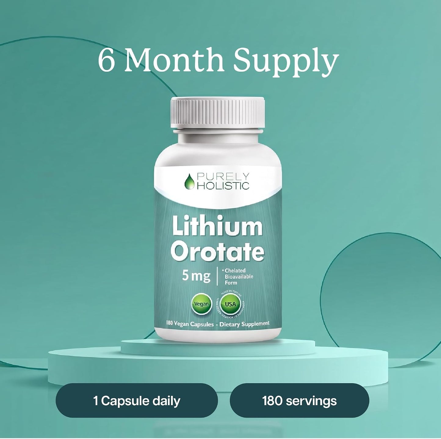 Lithium Orotate 5mg, Mood and Emotional Balance Support, 6 Month Supply | Highly-Bioavailable Chelated Form, Low Dose Lithium Supplements for Cognitive Health & Calm Support, Vegan, 180 Capsules