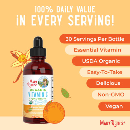 MARYRUTH'S USDA Organic Kids Vitamin C Drops Vegan Vitamin C Immune Support Supplement for Ages 4-13 | Immune Support & Overall Health | Vitamin C from Organic Acerola Fruit Extract | 2oz
