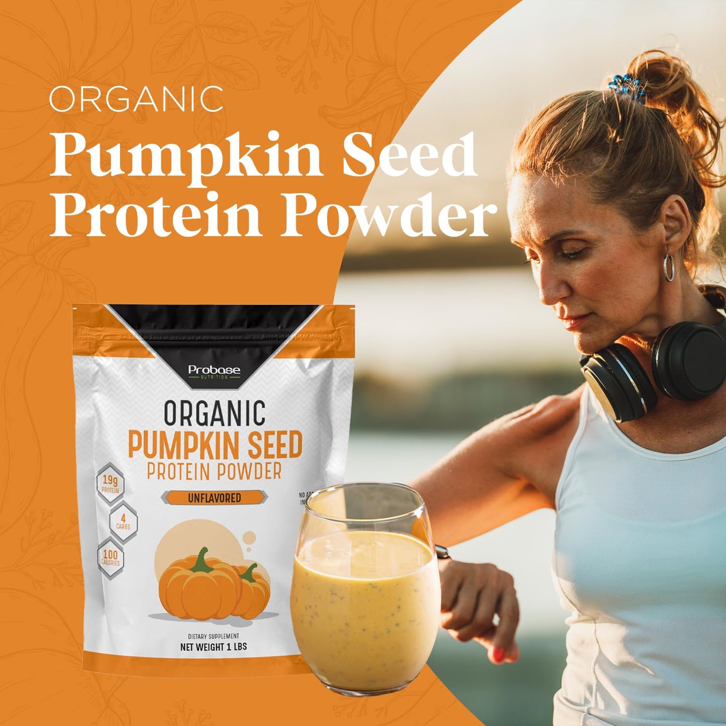 Probase Nutrition, Pumpkin Seed Protein Powder, Unsweetened Plant-Based Pumpkin Protein Powder, Ideal for Post-Activity Support, Pumpkin Powder is Rich in Omega 3, 6, 9 | 1 lb, Cold Pressed | 19 Grams Plant Based Protein, Without Artificial Sweeteners, No