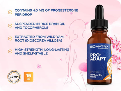 BioMatrix Progesterone, Vitamin E, Rice Bran Topical Oil | Bottle 1/2-Full by Design | Crafted in USA, 15 mL Glass | Pro-Adapt