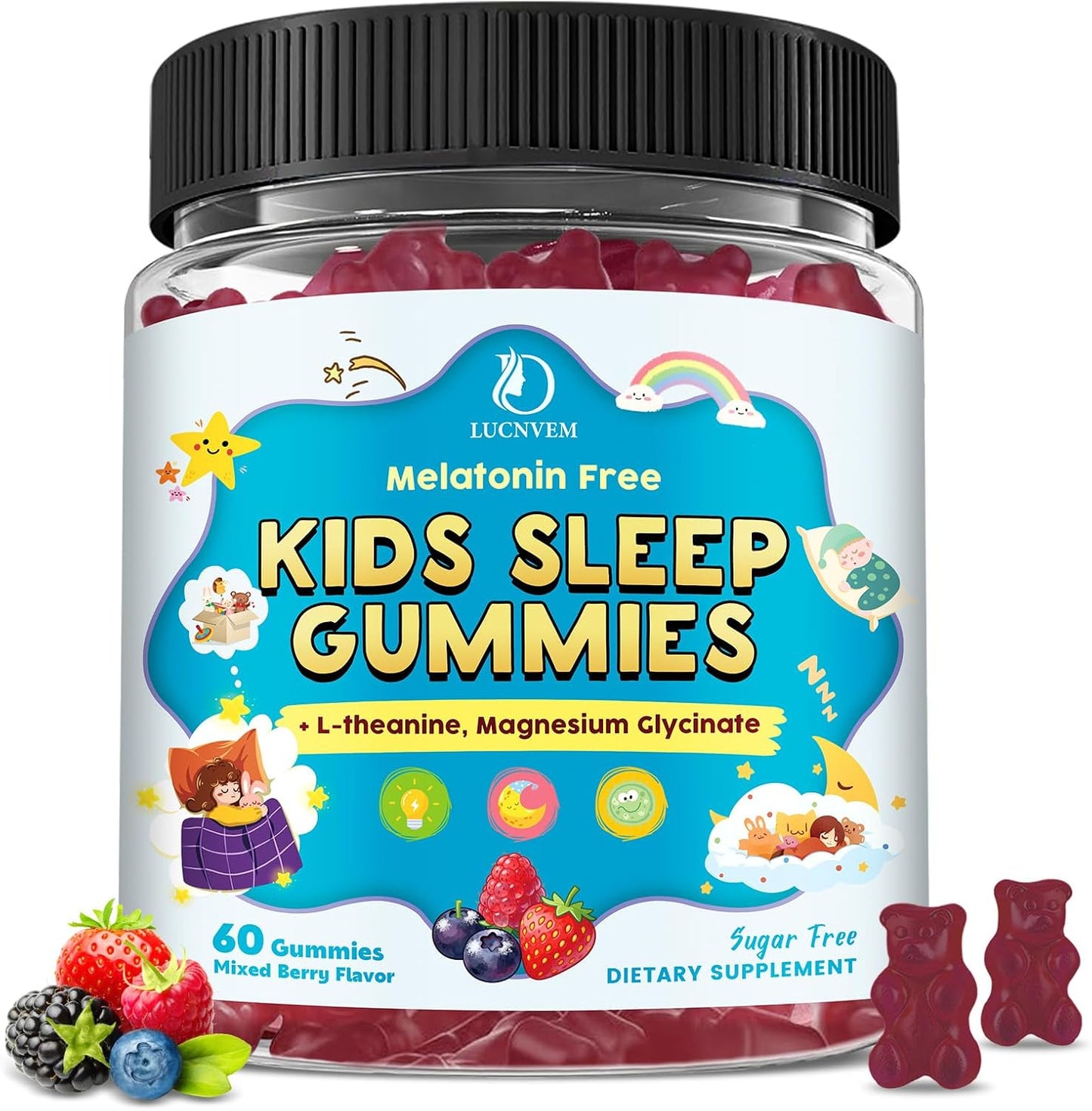 Kids Sleep Gummies with Magnesium Glycinate – Melatonin Free Bedtime Support for Kids – Calm & Relaxation with L-Theanine, GABA, Chamomile & Lemon Balm – Sugar Free Mixed Berry Flavor, 60 Gummies