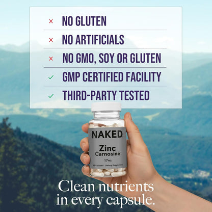 Naked Zinc Carnosine - Gut Lining, Immune Function and Stomach Support Supplement, Vegan, Gluten-Free, 17mg - 60 Capsules