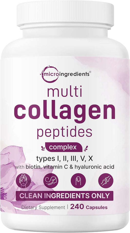 Micro Ingredients Multi Collagen Peptides Pills, 240 Capsules | For Women & Men. Type I, II, III, V, X. Hydrolyzed Collagen Supplement with Biotin, Hyaluronic Acid & Vitamin C. Filler Free.