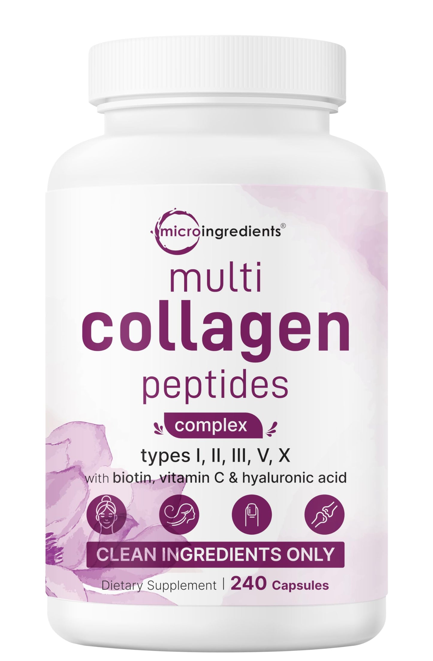 Micro Ingredients Multi Collagen Pills, 240 Capsules | Type I, II, III, V, X | Hydrolyzed Peptides with Biotin, Hyaluronic Acid, & Fat Soluble Vitamin C Complex | Non-GMO, Filler Free