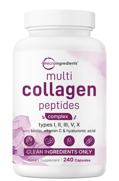 Micro Ingredients Multi Collagen Pills, 240 Capsules | Type I, II, III, V, X | Hydrolyzed Peptides with Biotin, Hyaluronic Acid, & Fat Soluble Vitamin C Complex | Non-GMO, Filler Free