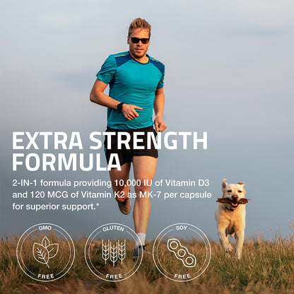 Bronson Vitamin K2 D3 (MK7) Extra Strength D3 & K2 Complex, 120 Capsules | Bone, Immune & Heart Health Support, Gluten Free, Soy Free, Non-GMO, Vitamin D3 10,000IU (250 mcg) & 120 mcg K2 MK-7