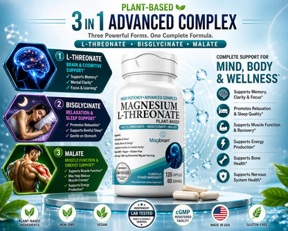 Magnesium L-Threonate Plant-Based 3 in 1 Powered by Magbrain® Magnesium L-Threonate Plant-Based | Magnesium Bisglycinate & Magnesium Malate | Up to 420 mg Elemental Magnesium | 150 Vegan Capsules.