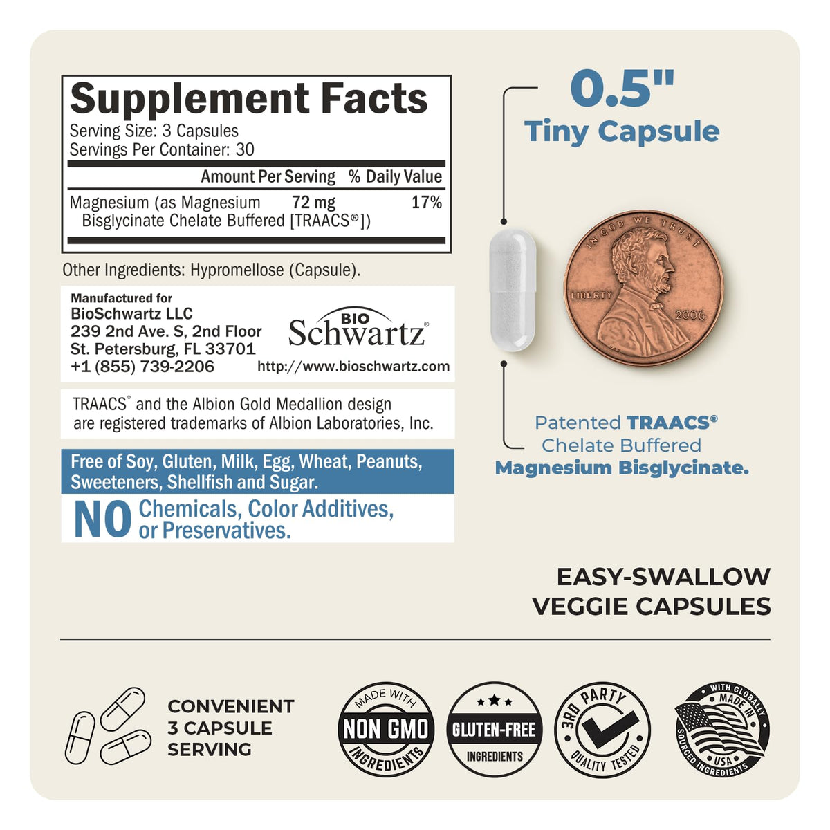 Magnesium Bisglycinate Chelated Supplement -180 Capsules