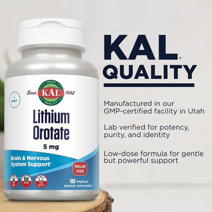 KAL Lithium Orotate 5mg, Low Dose Lithium Supplement for General Wellness Mood Support, Highly Bioavailable, Vegan, 60-Day Guarantee, 180 Servings, 180 VegCaps