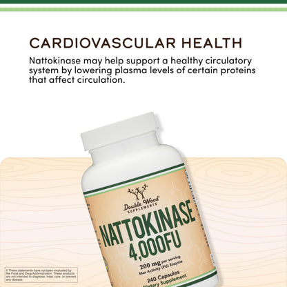 Nattokinase Supplement 4,000 FU Servings, 120 Capsules (Derived from Japanese Natto) Systemic Enzymes for Cardiovascular and Circulatory Support by Double Wood