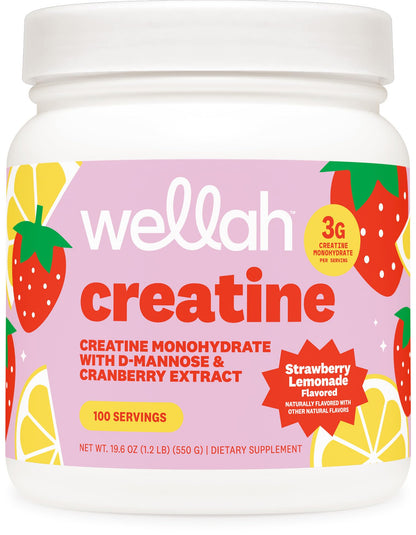 Wellah Creatine for Women - Creatine Monohydrate with Dandelion & Cranberry Extract (50 Servings, Strawberry Lemonade) | Creatine Monohydrate with Dandelion & Cranberry Extract
