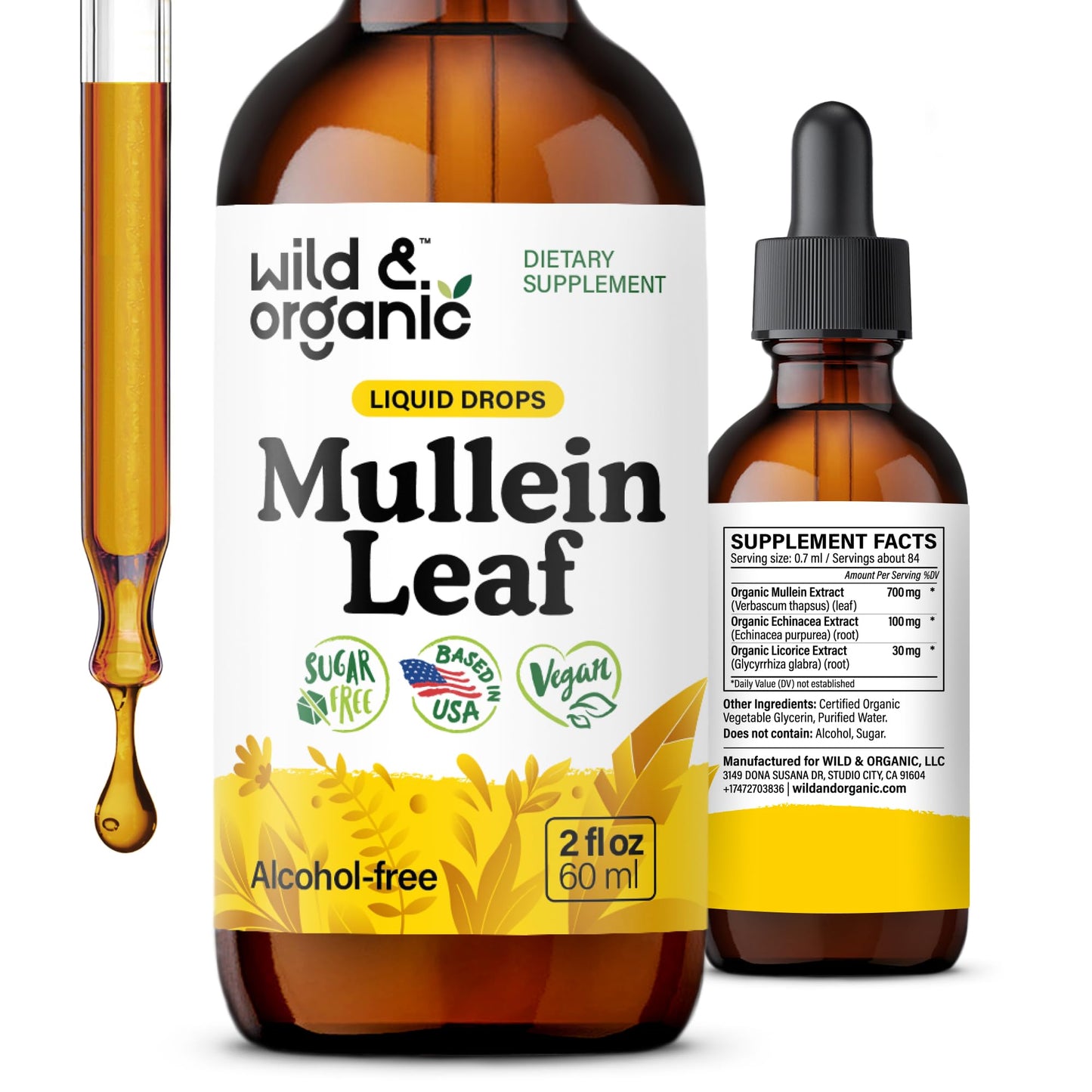 Wild & Organic Mullein Drops for Lungs - Cleanse and Detox - Liquid Mullein Leaf Extract for Lungs with Echinacea - Add to Tea - Verbascum Thapsus Tincture - Sugar & Alcohol-Free Supplement - 4 fl oz