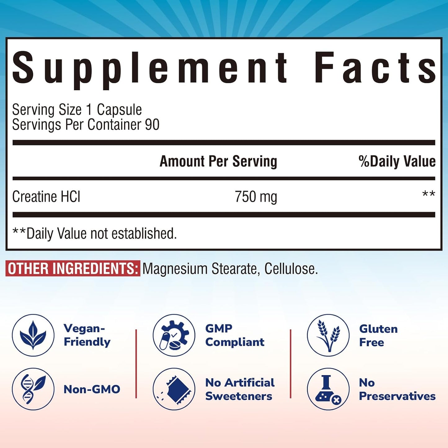 Vitalibre Creatine HCl Capsule, 750mg High Absorption Creatine Hydrochloride, Endurance, Strength, Fast Absorbing, No Load, No Bloat, Monohydrate Micronized Alternative, Once Daily, 90 Capsules