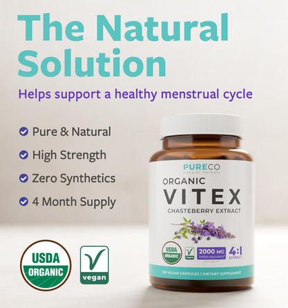 Organic Vitex Chasteberry Supplement for Women - High Strength Chaste Tree Berry Extract Supports Hormone Balance for Women from PMS to Menopause - Filler Free Vegan & Non-GMO (2 Month Supply)