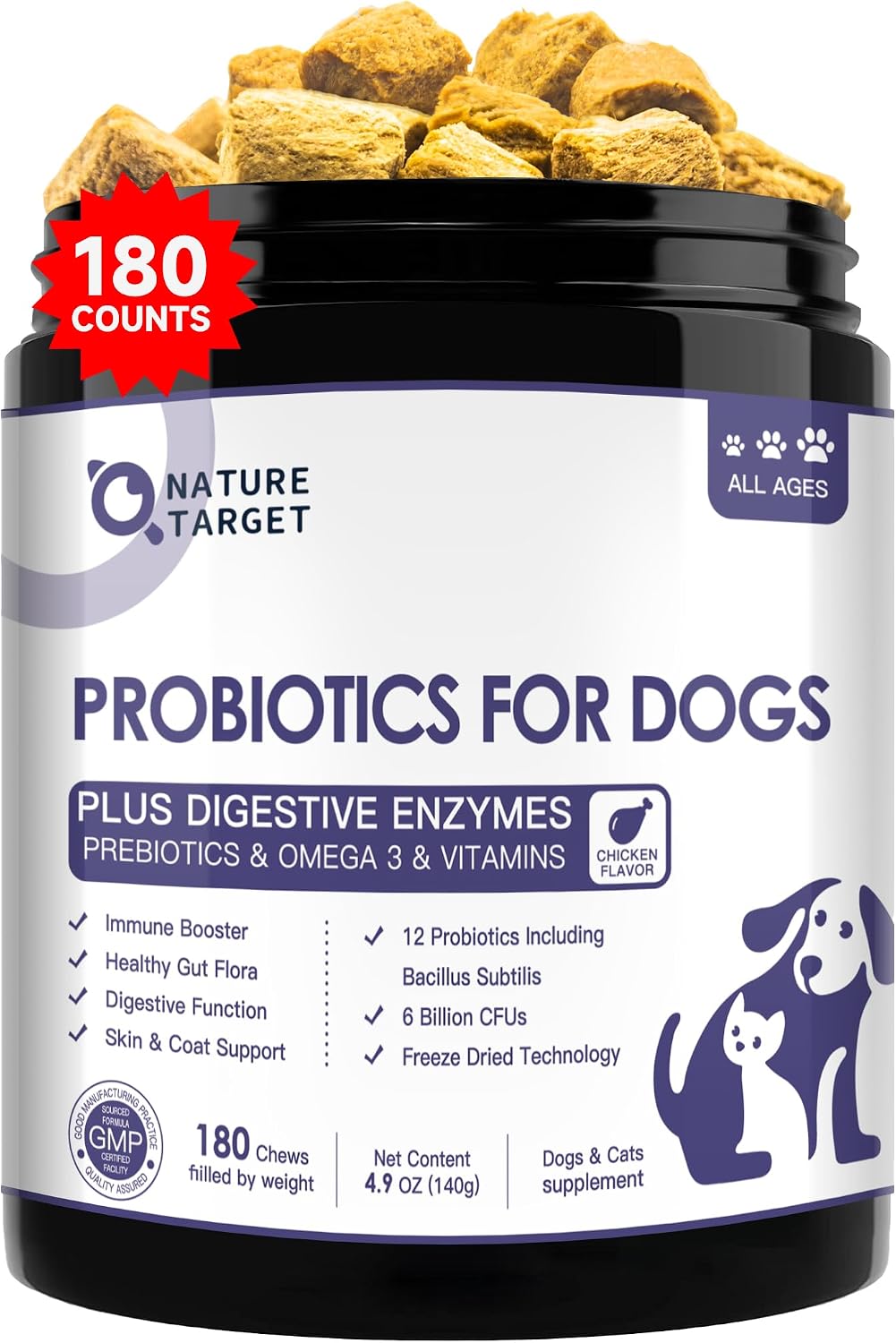 NATURE TARGET Probiotics for Dogs, 6 Billion CFUs, Freeze Dried, 180 Chews | 12 Strains with Prebiotics & Digestive Enzymes, Diarrhea & Gas Relief, Supports Immune & Gut, Allergy Relief, Chicken Flavor