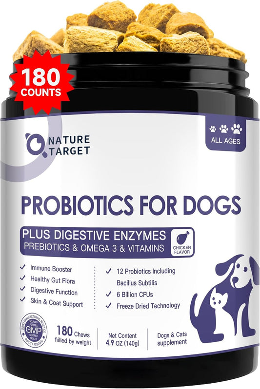 NATURE TARGET Probiotics for Dogs, 6 Billion CFUs, Freeze Dried, 180 Chews | 12 Strains with Prebiotics & Digestive Enzymes, Diarrhea & Gas Relief, Supports Immune & Gut, Allergy Relief, Chicken Flavor