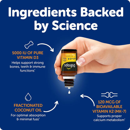 Ddrops Extra Strength 5000 IU Vitamin D3 + K2 90 Drops - Liquid Vitamin D3 & K2 (MK7) Supplement. Supporting Strong Bones, Immune System and Cardiovascular Health.